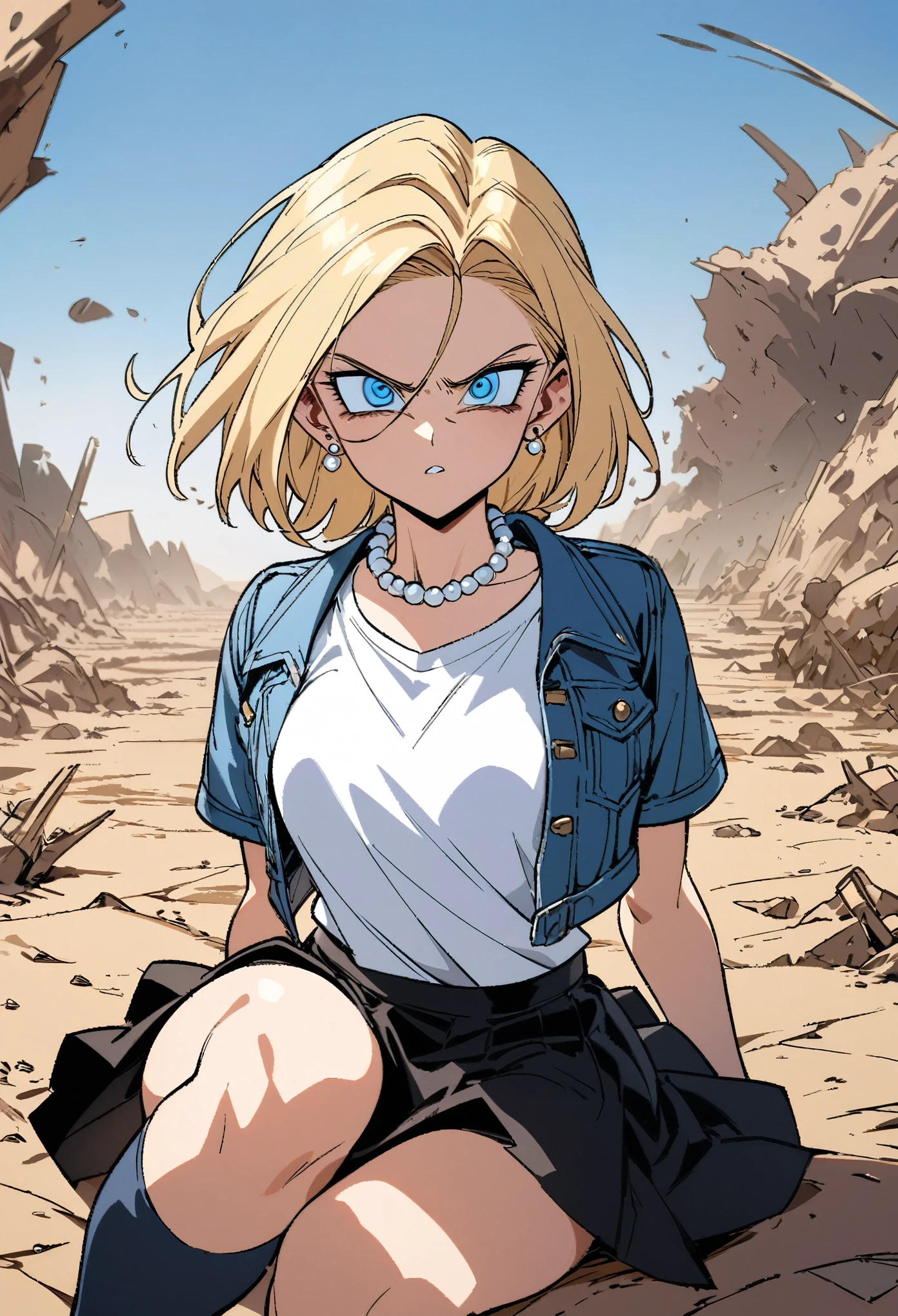 (Best quality, masterpieces, line drawings, line art,style of akira toriyama:1.1),1girl,solo,Mean Girl,blonde hair,short hair,centre parting bangs,blue eyes,sharp_eyes,slanted_eyes,Unfriendly eyes,Fierce expression,earrings,pearl necklace,White short-sleeved V-neck T-shirt with a blue denim crop jacket，Black JK Skirt, Over-the-Knee Socks,Wind, outdoors, wild wasteland,Blue sky, 