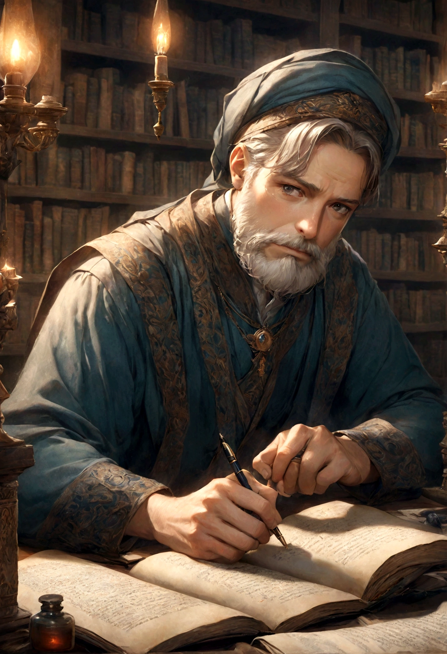 Middle-aged man, in his 40s, short, half-combed hair, with van Dike beard, studying ancient Hebrew texts, leaning on a large desk with various manuscripts around him, a fountain pen in his hand, an inkwell at his side right near your notebook. Facial expressions of nobility and effort. He has lamps around the room, warm light. There are bookcases around the large room, a mix of ancient and modern books, with manuscripts on the shelves of the bookcases.