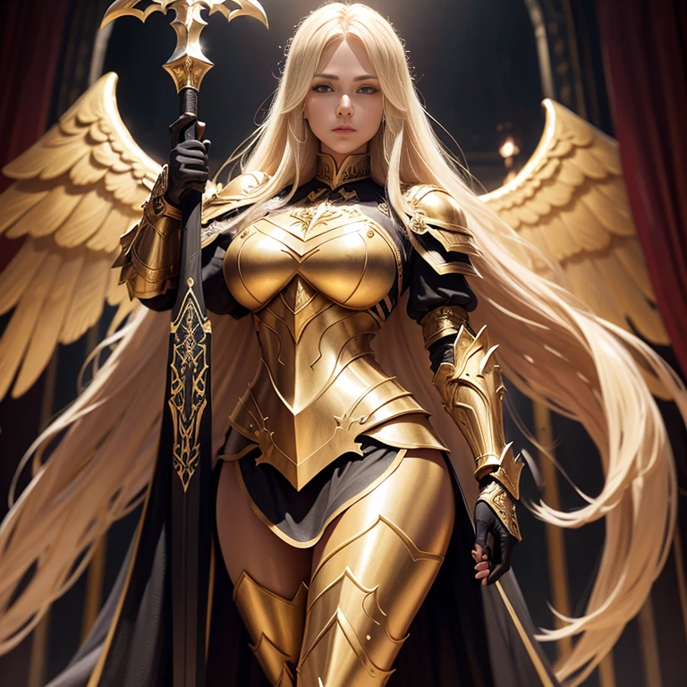 A very long blond hair paladin latin lady wearing a black elaborated intricate golden heavy paladin armor with red ornaments, holding a sword, golden wings, angel




