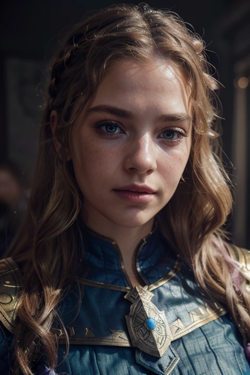 a woman with wavy blonde hair and purple eyes, blue viking armor, freckles, blush, pink lipstick, beautiful face, (best quality,4k,8k,highres,masterpiece:1.2),ultra-detailed,(realistic,photorealistic,photo-realistic:1.37),intricate detail,fantasy,digital painting,concept art,dramatic lighting,cinematic composition,vivid colors,chiaroscuro,dark atmosphere