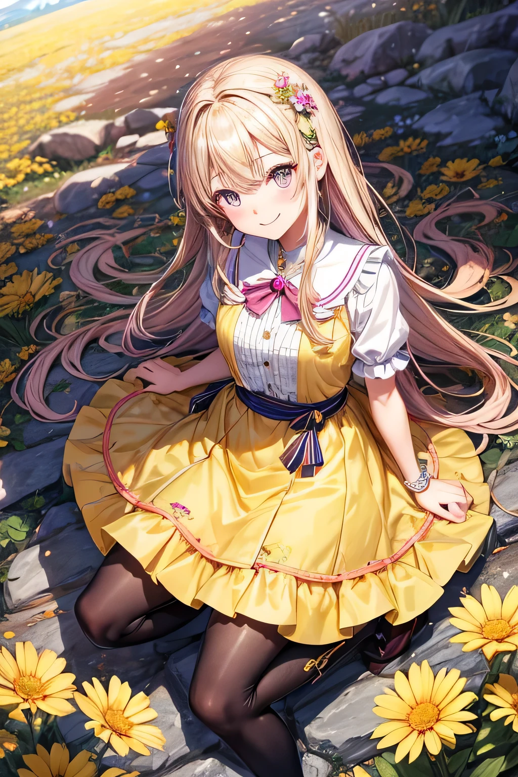Beautiful blonde woman in plate armor，Brave，cute，smile，Smile is cute，There are flowers scattered all around，Flower storm，beautiful