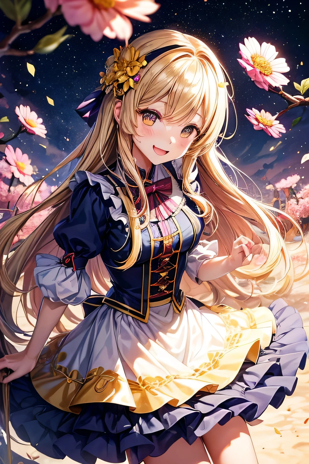 Beautiful blonde woman in plate armor,Brave,cute,smile,Smile is cute,There are flowers scattered all around,Flower storm,beautiful