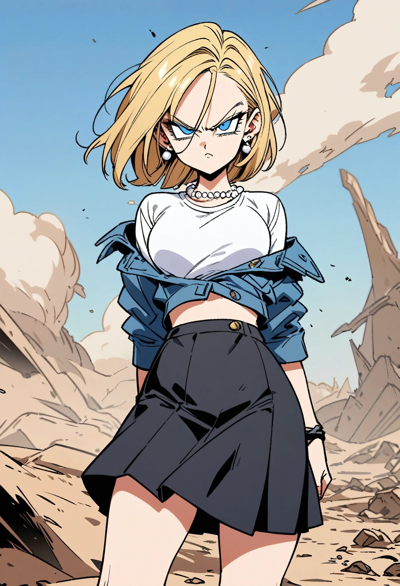 (Best quality, masterpieces, line drawings, line art,style of akira toriyama:1.1),1girl,solo,Mean Girl,blonde hair,short hair,centre parting bangs,blue eyes,sharp_eyes,Unfriendly eyes,Fierce expression,earrings,pearl necklace,White short-sleeved V-neck T-shirt with a blue denim crop jacket，Black JK Skirt, Over-the-Knee Socks,Wind, outdoors, wild wasteland,Blue sky, 