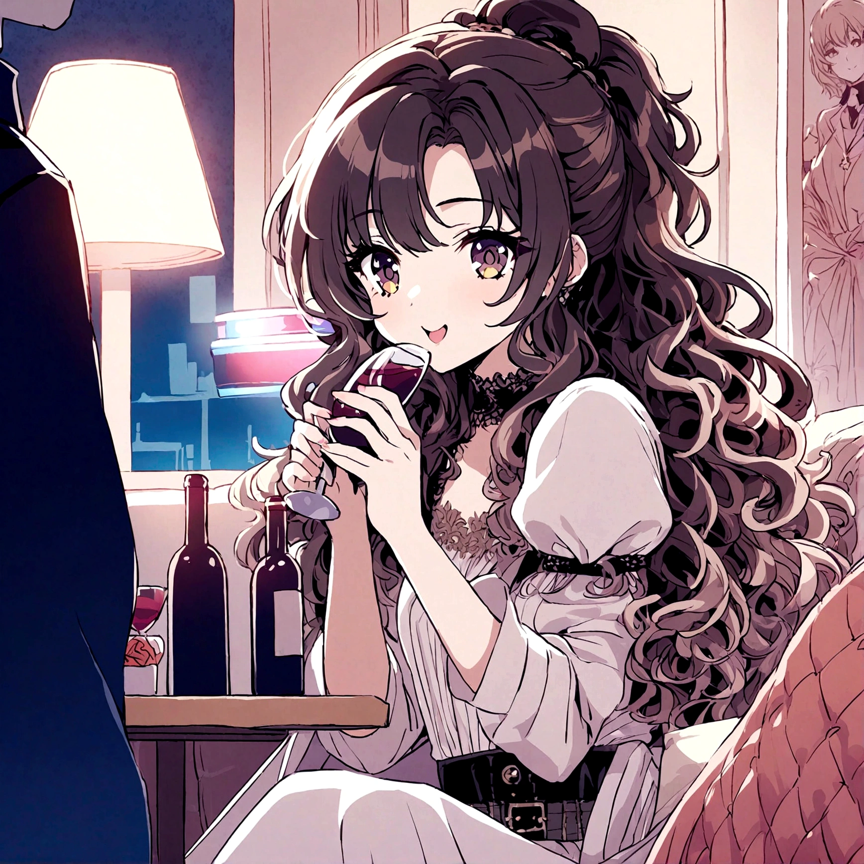 A cute woman enjoying wine with several men