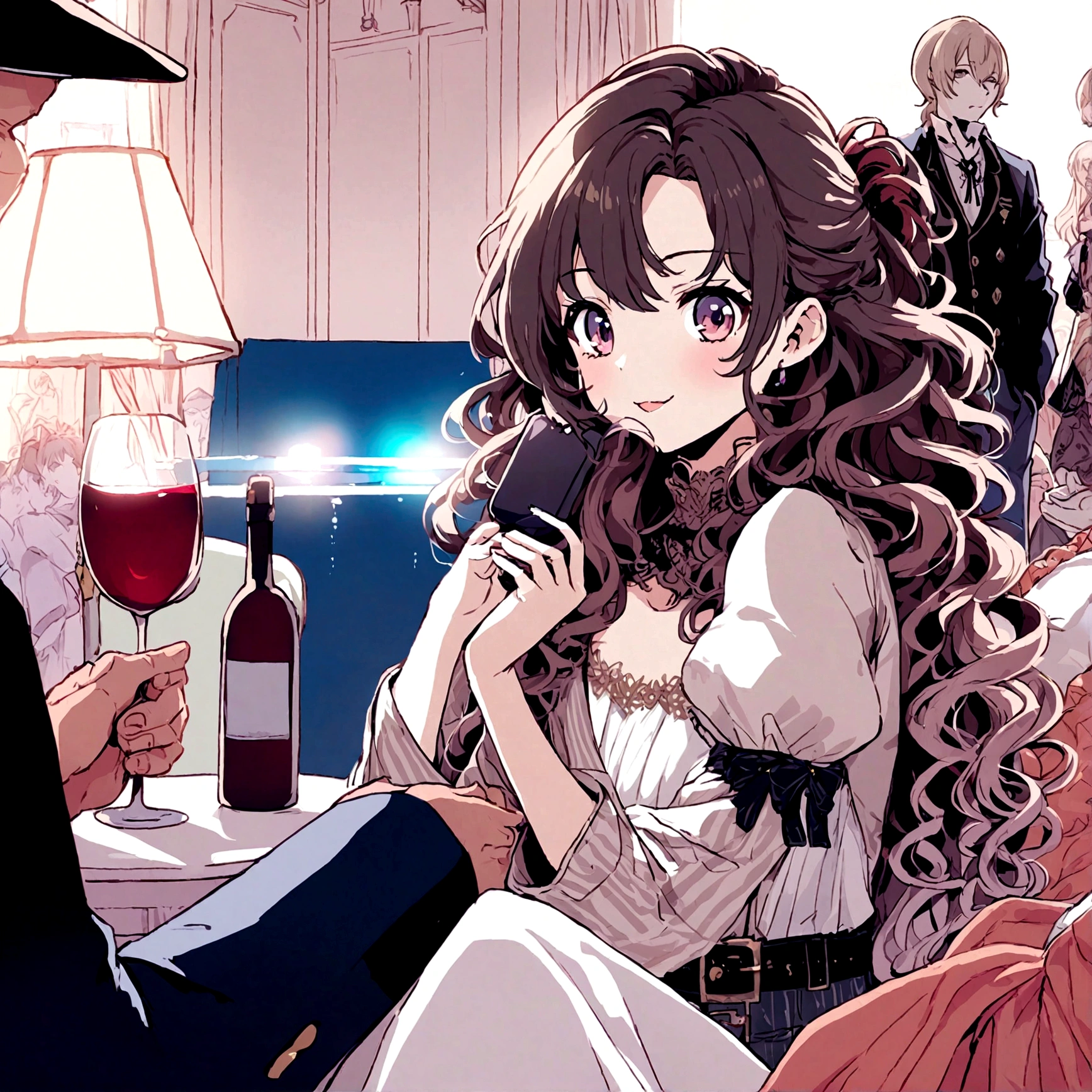 A cute woman enjoying wine with several men