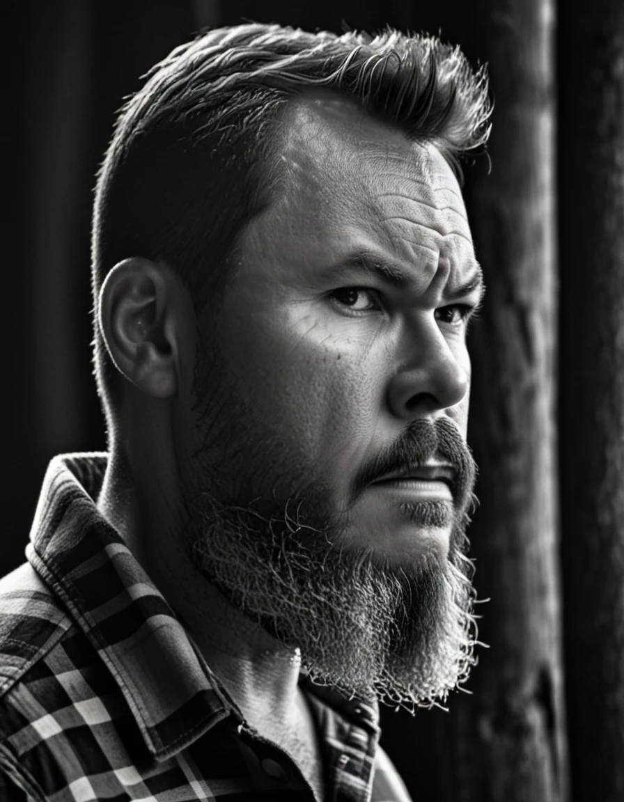 Create a striking black and white portrait of a rugged lumberjack, emphasizing the contrasts between light and shadow. His intense gaze pierces through the monochrome frame, drawing the viewer's attention to the intricate details of his beard and the sharp lines of his military-style haircut. The chiaroscuro lighting adds depth and drama to the composition, accentuating the texture of the rustic wooden wall behind him. This timeless photograph evokes a sense of strength and resilience, capturing the essence of the modern-day woodsman in a grayscale masterpiece.
gutto2024sdxl