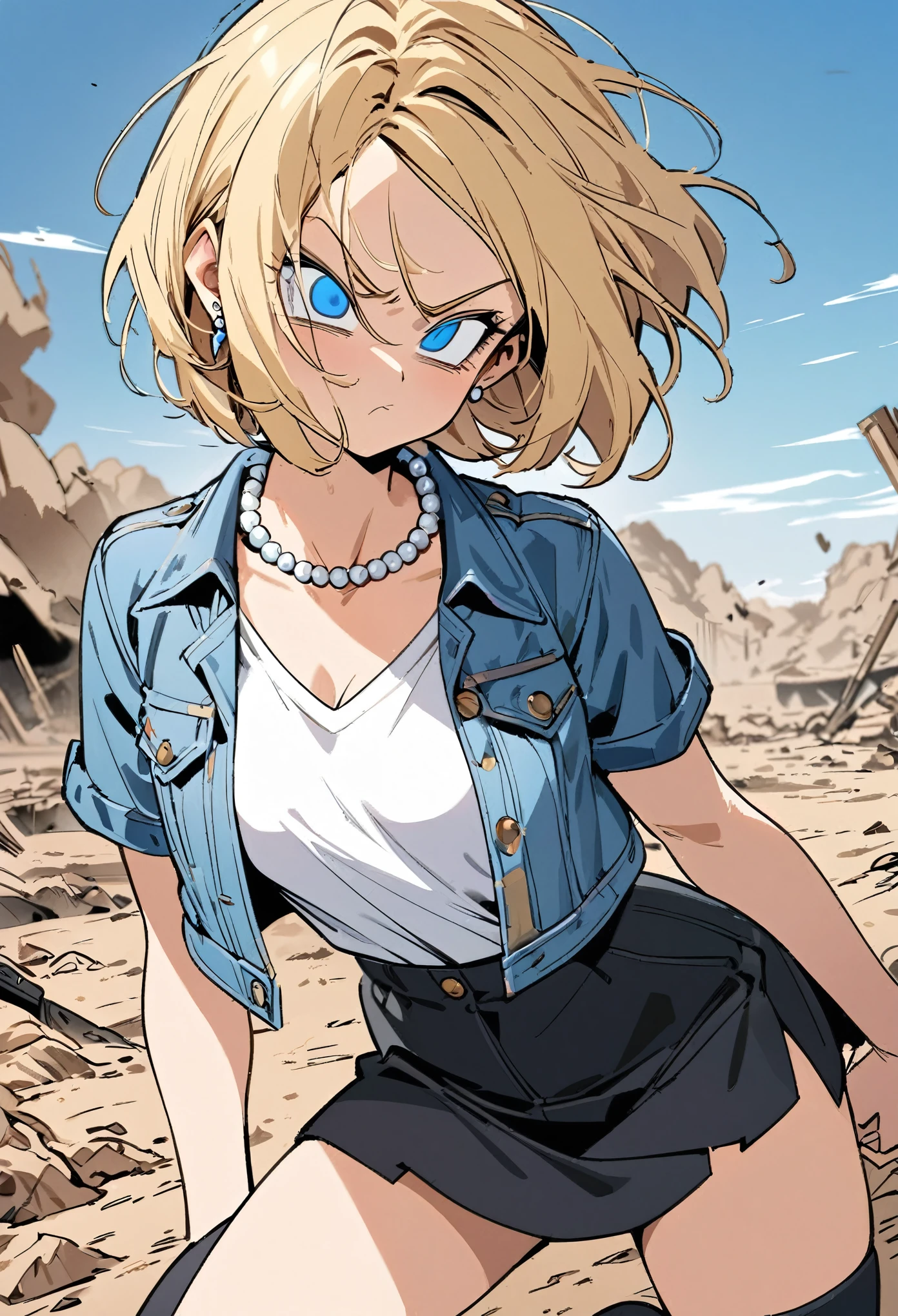 (Best quality, masterpieces, line drawings, line art,style of akira toriyama:1.1),1girl,solo,Mean Girl,blonde hair,short hair,centre parting bangs,blue eyes,slanted_eyes,Unfriendly eyes,Fierce expression,earrings,pearl necklace,White short-sleeved V-neck T-shirt with a blue denim crop jacket，Black JK Skirt, Over-the-Knee Socks,Wind, outdoors, wild wasteland,Blue sky, 