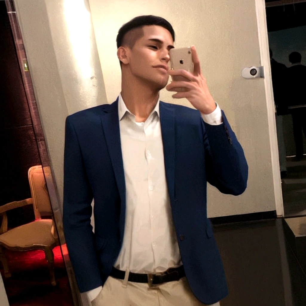 Brown young man, blue suit, white shirt, shaved black hair