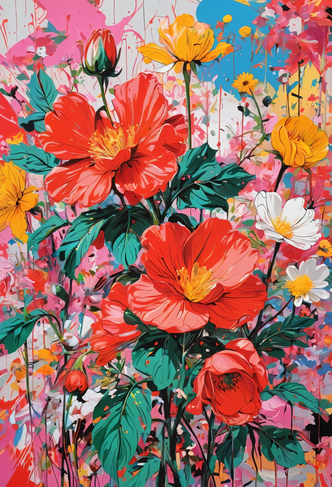 Graffiti, scribble, Comics by Petra Cortright, best quality, masterpiece, flowers artwork, Representative work, official art, Professional, Ultra intricate detailed, 8k, flowers art, colourful background