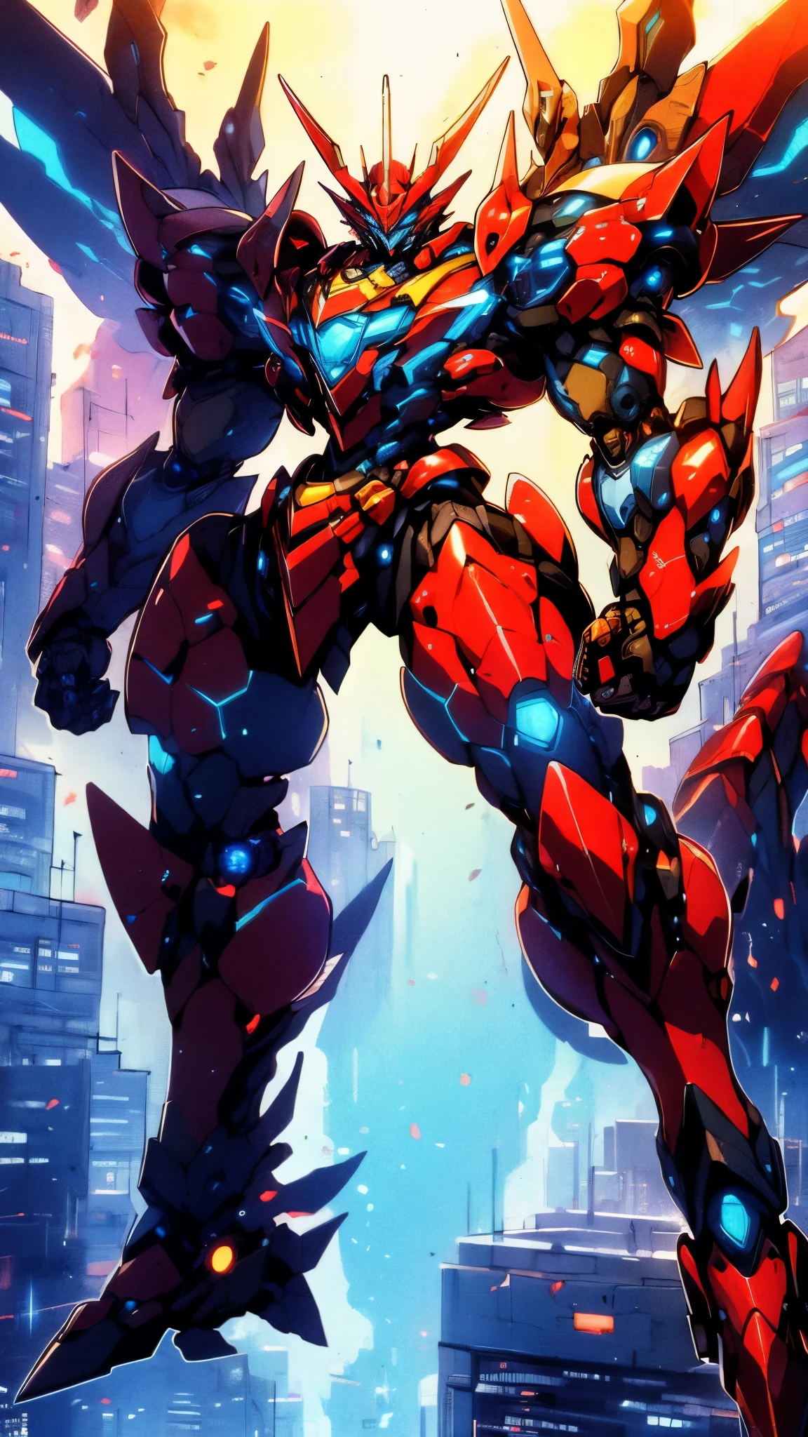 Humanoid Mecha, fully enclosed shoulder guards, matching arm and leg guards, full body, full armor, super robot, the design balances heavy with agility, (the color scheme is primarily white with red and blue accents, the concept Inspired by super robot, Dragon concept chest armor, pose, standing, floating high above the futuristic sci-fi city), exquisite and mature art style, (aura effect, energy, glowing eyes, the armor glows), ((SRS)), metallic, dramatic, high definition, best quality, highres, ultra-detailed, ultra-fine painting, extremely delicate, professional, perfect body proportions, anatomically correct, symmetrical face, extremely detailed eyes and face, high quality eyes, creativity, RAW photo, UHD, 32k, Natural light, cinematic lighting, masterpiece-anatomy-perfect, masterpiece:1.5