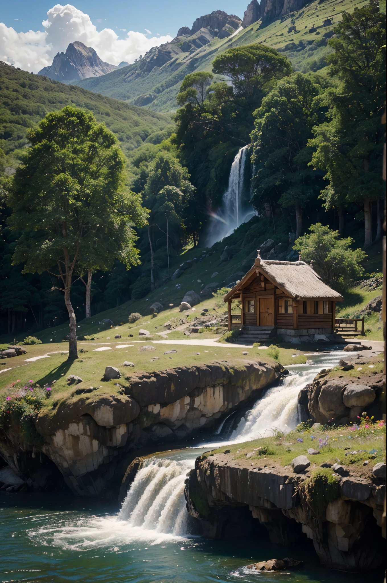 estilo Minecraft (ultrarrealista:1.3), (tiro lejano) de un (great tall fairy hut:1.2) con ventanas redondas, on top de un rocky hill, arte ambientalwork, arte ambiental, (decoraciones elegantes), (Mystical river), (Hermoso:1.4), (atractivo:1.3), epic snowy (mountains), naturaleza de verano, bloque, pixelado, colores vibrantes, (Eagle), flores, ethereal bridges, waterfalls en la distancia, (Rainbow:0.5), (world tree) en la distancia