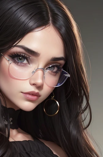 (Retrato en primer plano de frente), (Rostro ovalado de mujer), (piel clara y blanca), (lineas de expresion marcadas), (cejas redondeadas), (asian eyes, winking the right eye, pupilas color negro, mirando directo a la camara), (gafas transparentes de estilo mariposa), (pomulos grandes), (mejillas grandes), (nariz recta), (comisuras faciales pronunciadas), (labios carnosos y sexys), (menton cuadrado), (cabello negro).