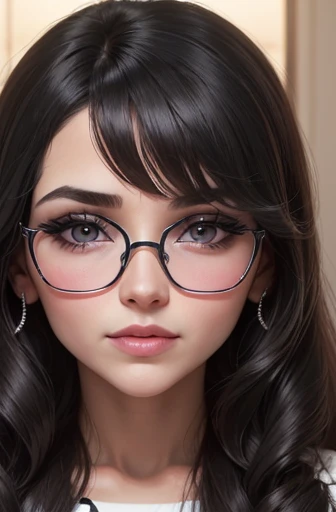 (Retrato en primer plano de frente), (Rostro ovalado de mujer), (piel clara y blanca), (lineas de expresion marcadas), (cejas redondeadas), (asian eyes, winking the right eye, pupilas color negro, mirando directo a la camara), (gafas transparentes de estilo mariposa), (pomulos grandes), (mejillas grandes), (nariz recta), (comisuras faciales pronunciadas), (labios carnosos y sexys), (menton cuadrado), (cabello negro).