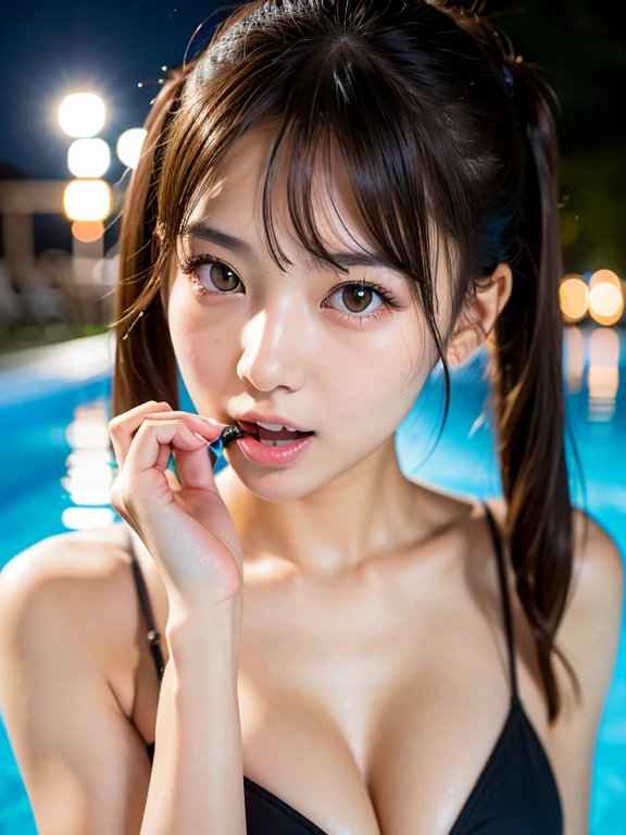 highest quality, Face Focus, Soft Light, Ultra-high resolution, (Realistic:1.4), RAW Photos,
1 Japanese girl, alone, cute, (pupil, light in your eyes), Beautiful face in every detail, (),(High resolution detail of human skin texture),
(Low twin tails),
Pool at night,Black Bikini、Finger smiley face、Small breasts、
(Portraiture) High definition focus on pupil、Open your mouth a little