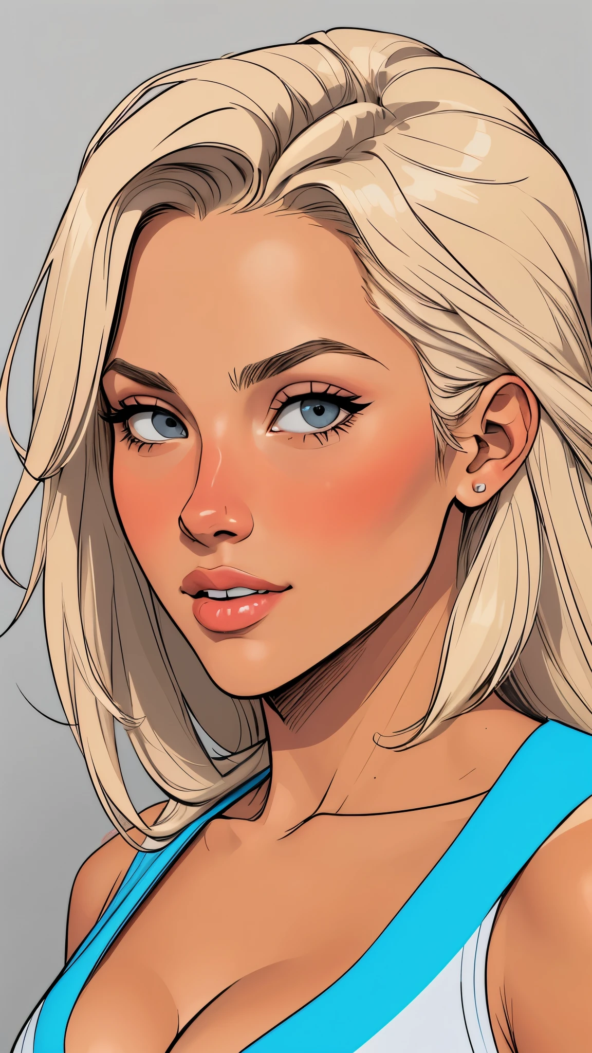 Flat colors, close up, Portrait of a 25 year old surfer looking girl, tan skin, beach blonde salty hair, natural beaty, beautiful, Cleavage, (([Simply grey Background]))