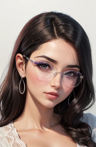 (Retrato en primer plano de frente), (Rostro ovalado de mujer), (piel clara y blanca), (lineas de expresion marcadas), (cejas redondeadas), (asian eyes, winking the right eye, pupilas color negro, mirando directo a la camara), (gafas transparentes de estilo mariposa), (pomulos grandes), (mejillas grandes), (nariz recta),  (comisuras faciales pronunciadas), (labios carnosos y sexys), (menton cuadrado), (cabello negro).
