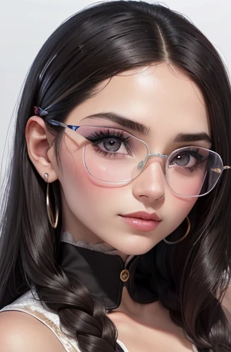 (Retrato en primer plano de frente), (Rostro ovalado de mujer), (piel clara y blanca), (lineas de expresion marcadas), (cejas redondeadas), (asian eyes, winking the right eye, pupilas color negro, mirando directo a la camara), (gafas transparentes de estilo mariposa), (pomulos grandes), (mejillas grandes), (nariz recta), (comisuras faciales pronunciadas), (labios carnosos y sexys), (menton cuadrado), (cabello negro).