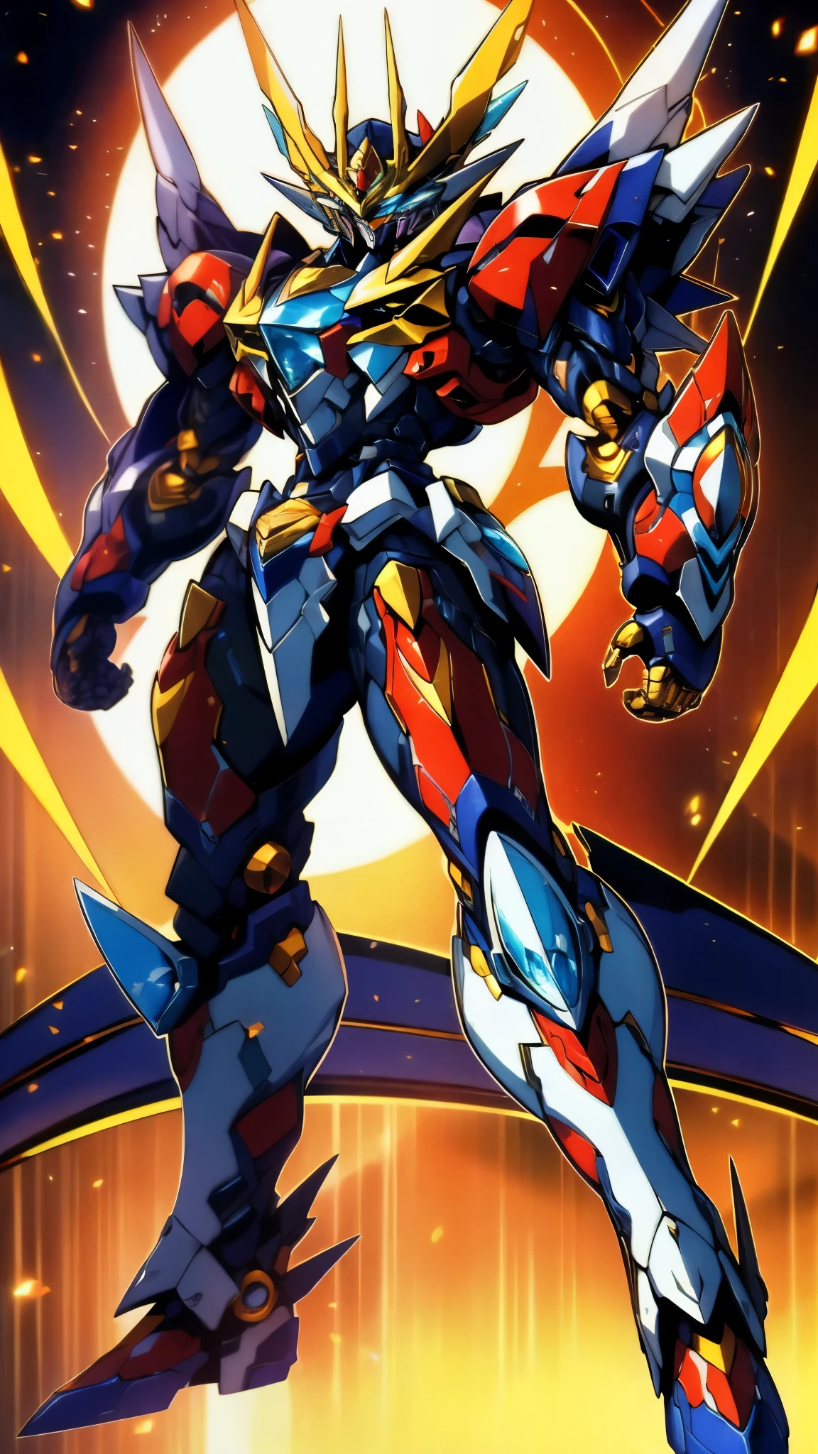 Humanoid Mecha, fully enclosed shoulder guards, matching arm and leg guards, full body, full armor, super robot, the design balances heavy with agility, (the color scheme is primarily white with red and blue accents, the concept Inspired by super robot, Lion concept chest armor, pose, standing, floating high above the futuristic sci-fi city), exquisite and mature art style, (aura effect, energy, glowing eyes, the armor glows), ((SRS)), metallic, dramatic, high definition, best quality, highres, ultra-detailed, ultra-fine painting, extremely delicate, professional, perfect body proportions, anatomically correct, symmetrical face, extremely detailed eyes and face, high quality eyes, creativity, RAW photo, UHD, 32k, Natural light, cinematic lighting, masterpiece-anatomy-perfect, masterpiece:1.5