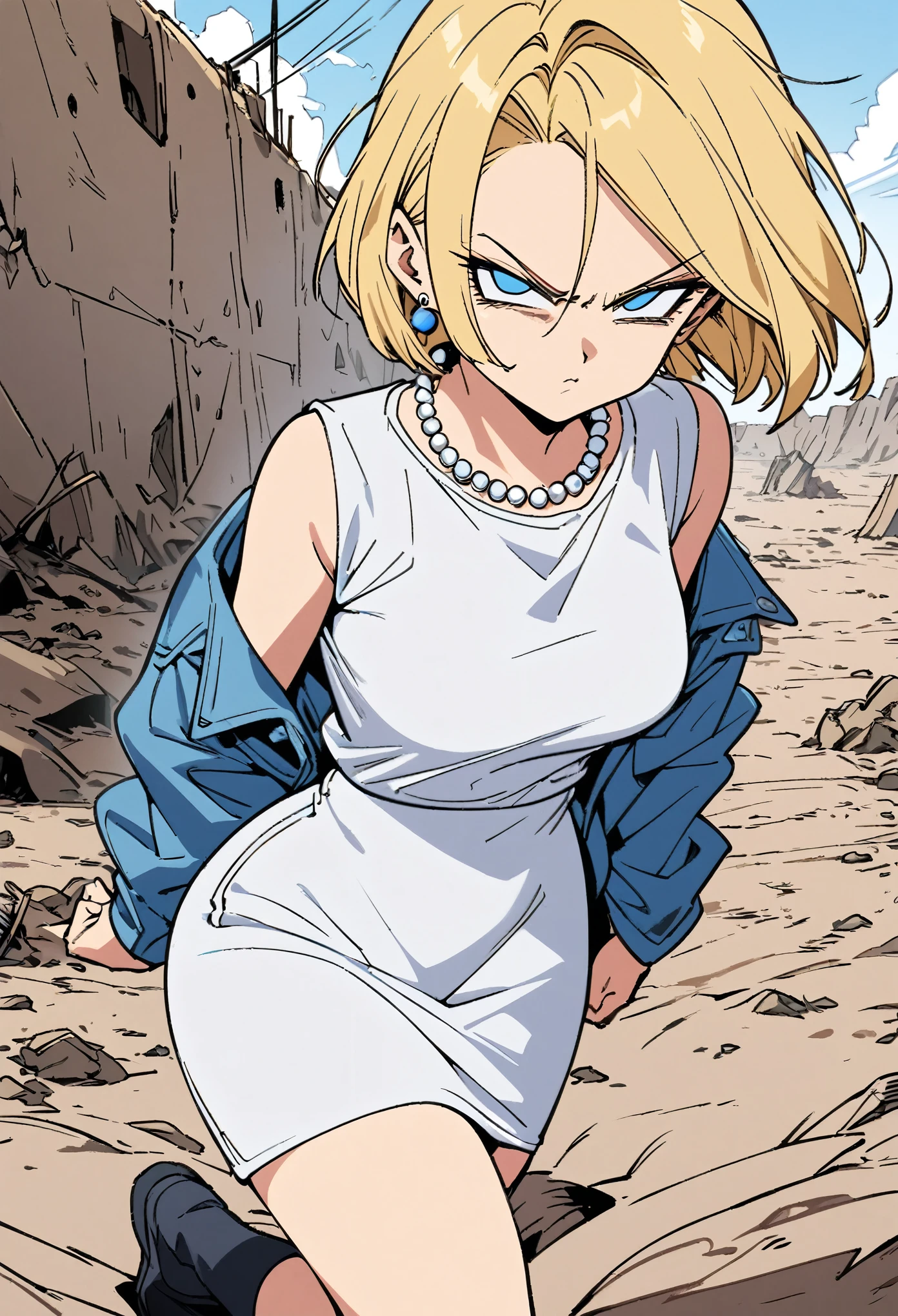 (Best quality, masterpieces, line drawings, line art,style of akira toriyama:1.1),1girl,solo,Mean Girl,blonde hair,short hair,centre parting bangs,blue eyes,slanted_eyes,Unfriendly eyes,Fierce expression,earrings,pearl necklace,White short-sleeved V-neck T-shirt with a blue denim crop jacket，Black JK Skirt, Over-the-Knee Socks,Wind, outdoors, wild wasteland,Blue sky, 