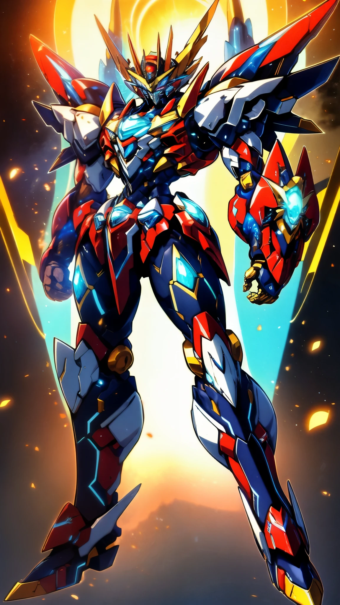 Humanoid Mecha, fully enclosed shoulder guards, matching arm and leg guards, full body, full armor, super robot, the design balances heavy with agility, (the color scheme is primarily white with red and blue accents, the concept Inspired by super robot, Lion concept chest armor, pose, standing, floating high above the futuristic sci-fi city), exquisite and mature art style, (aura effect, energy, glowing eyes, the armor glows), ((SRS)), metallic, dramatic, high definition, best quality, highres, ultra-detailed, ultra-fine painting, extremely delicate, professional, perfect body proportions, anatomically correct, symmetrical face, extremely detailed eyes and face, high quality eyes, creativity, RAW photo, UHD, 32k, Natural light, cinematic lighting, masterpiece-anatomy-perfect, masterpiece:1.5