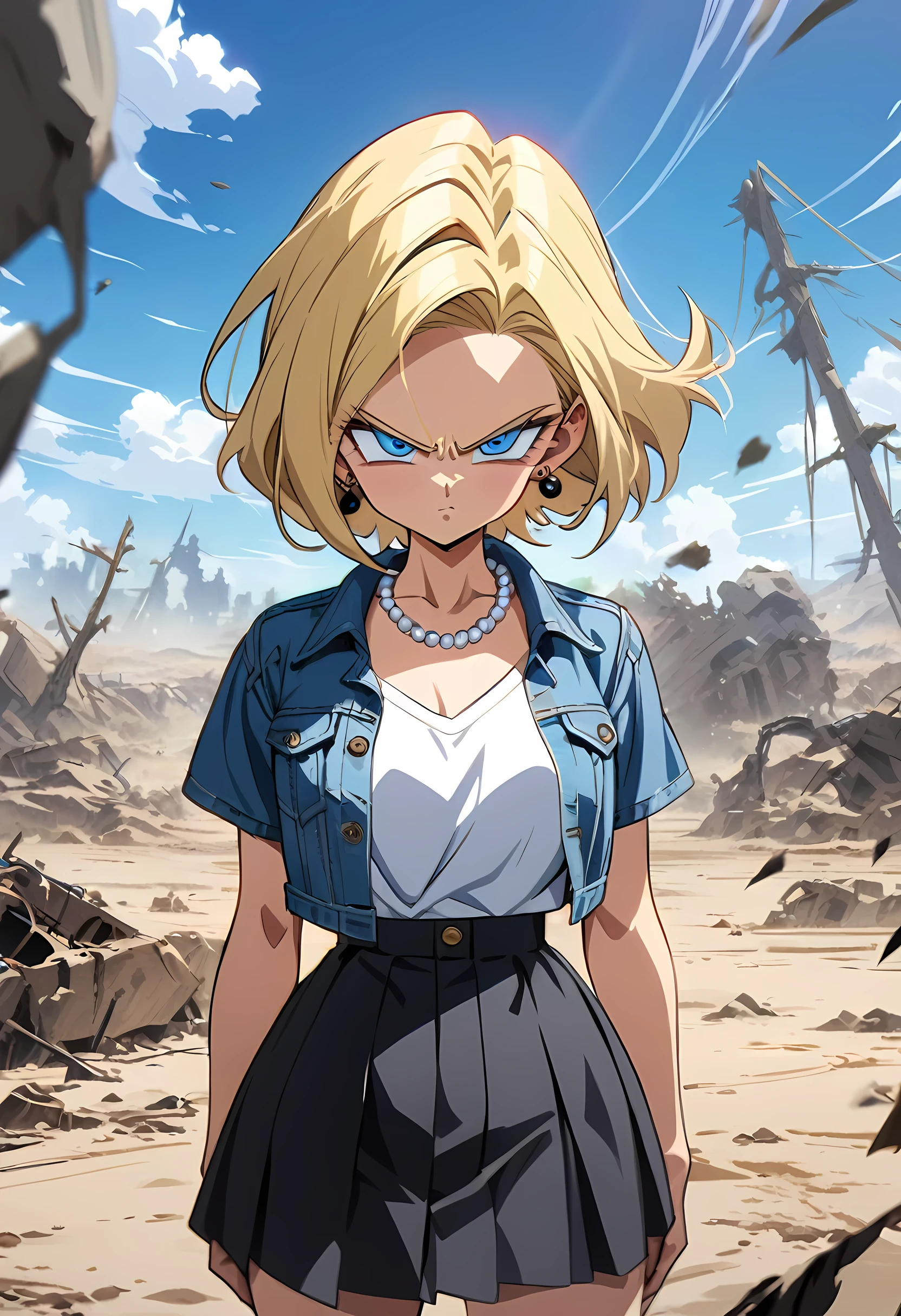 (Best quality, masterpieces, anime style,style of akira toriyama:1.1),1girl,solo,Mean Girl,blonde hair,short hair,centre parting bangs,blue eyes,slanted_eyes,Unfriendly eyes,Fierce expression,earrings,pearl necklace,White short-sleeved V-neck T-shirt with a blue denim crop jacket，Black JK Skirt, Over-the-Knee Socks,Wind, outdoors, wild wasteland,Blue sky,