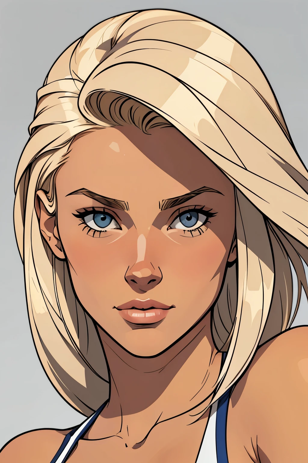 Flat colors, close up, portrait of a 25 year old surfer looking girl, tan skin, beach blonde salty hair, natural beaty, beautiful, casual, top-less, exposed small breasts, 
simply grey background 