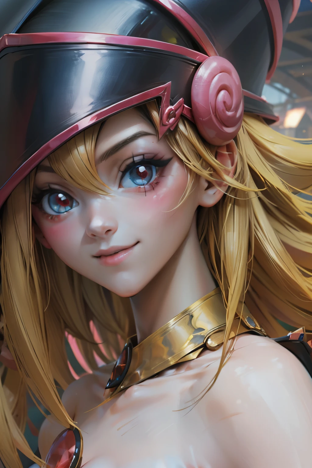 Crea el hermoso rostro de dark magician gils. Ojos azules. Labios rosados. Tes blanca. Cabello rubio. girl smile. Hombros destapados. Collar en el cuello. Rostro de dark magician gils
