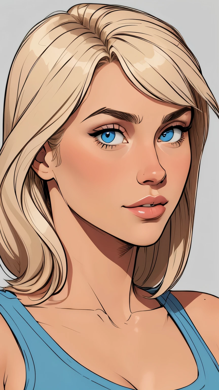 
Flat colors,close-up, portrait,  of a 25 year old surfer looking girl, tan skin, ([blue eyes]) Beach blonde salty hair, natural beaty, beautiful, casual, blue tank top, masterpiece, (([Simple grey background]))


