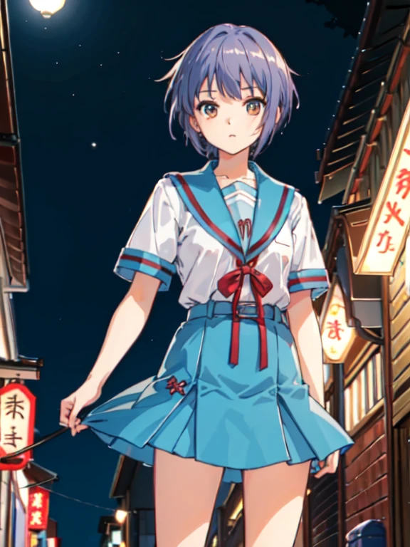 (masterpiece),(best quality), yuki, summer uniform, white shirt, blue skirt, kneehighs, loafers,  short sleeves, serafuku, close,  poker-faced, inexpressive face, medieval street, medieval town, old japanese town, (night:1.2), lamps, people, best quality, 