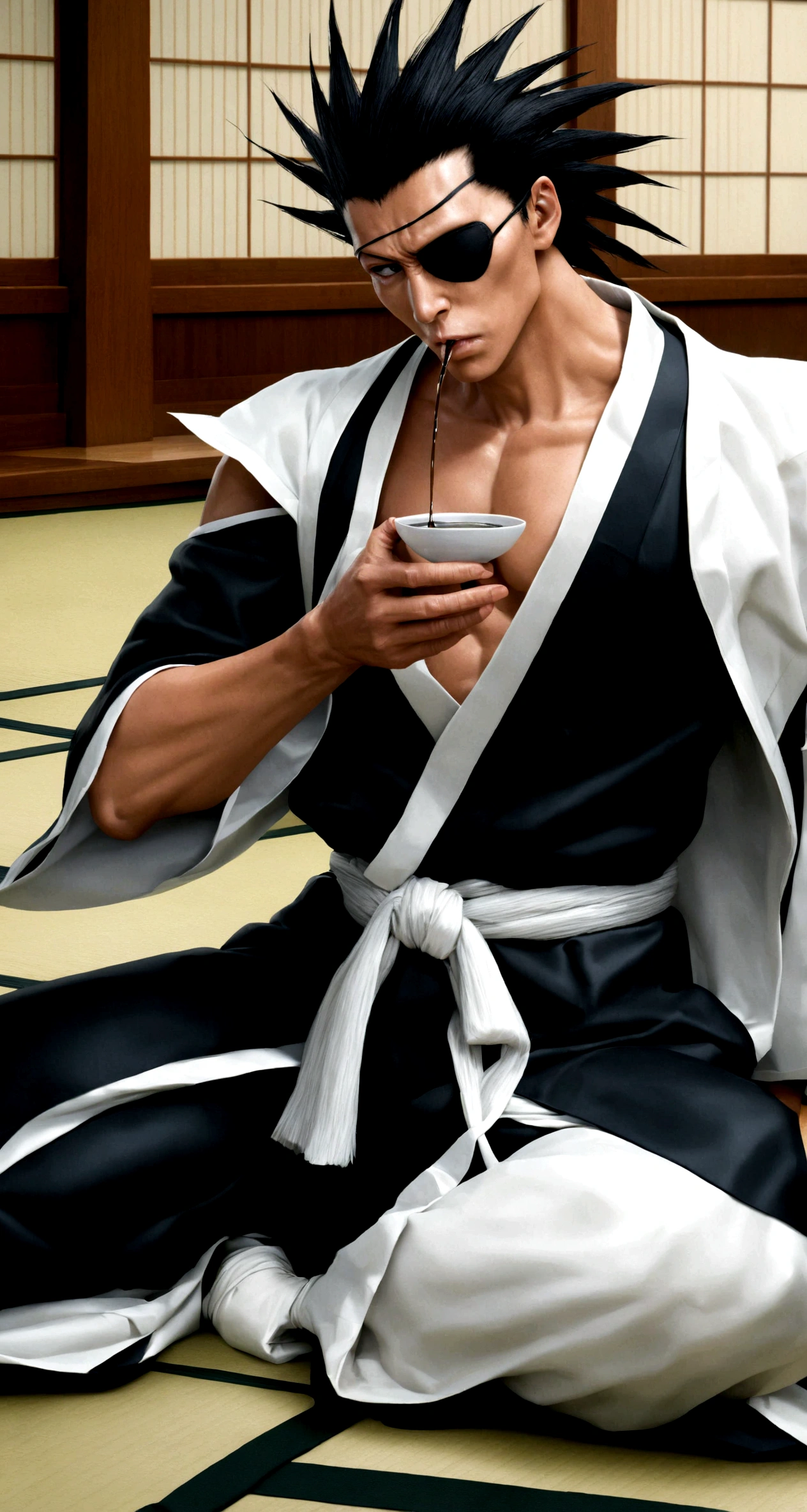 zaraki kenpachi from the bleach universe, wearing eyepatch, sitting in a japanese style patio on a tatami mat, drinking sake, looking at the sakura garden, photorealistic