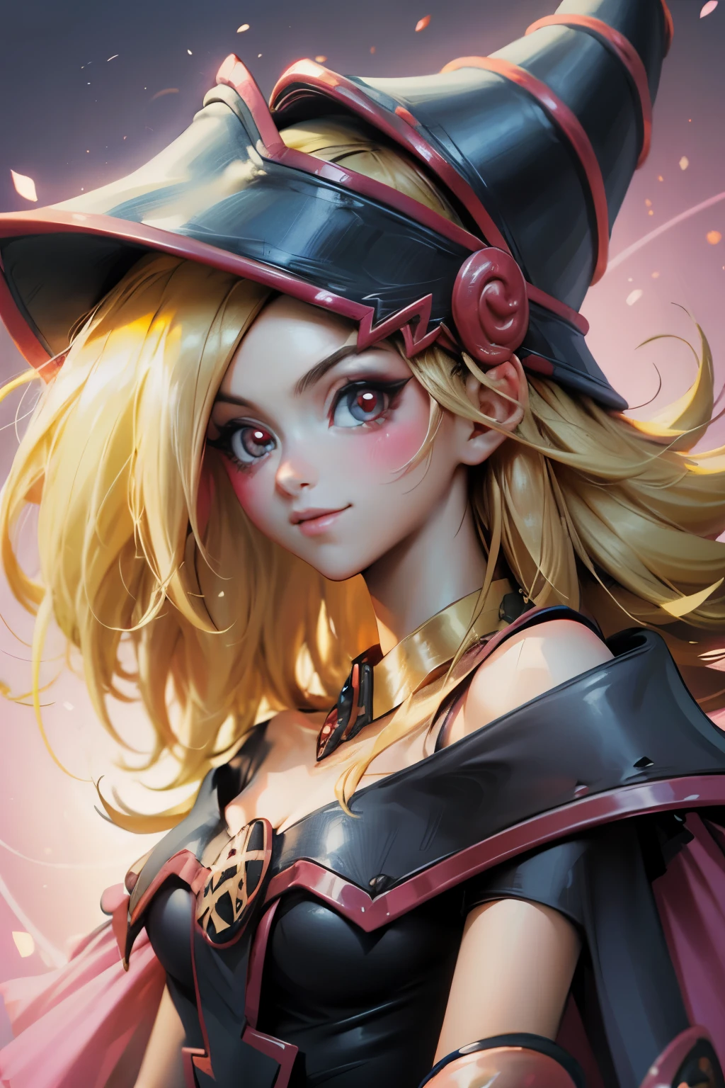 Crea el hermoso rostro de dark magician gils. Ojos azules. Labios rosados. Tes blanca. Cabello rubio. girl smile. Hombros destapados. Collar en el cuello. Rostro de dark magician gils