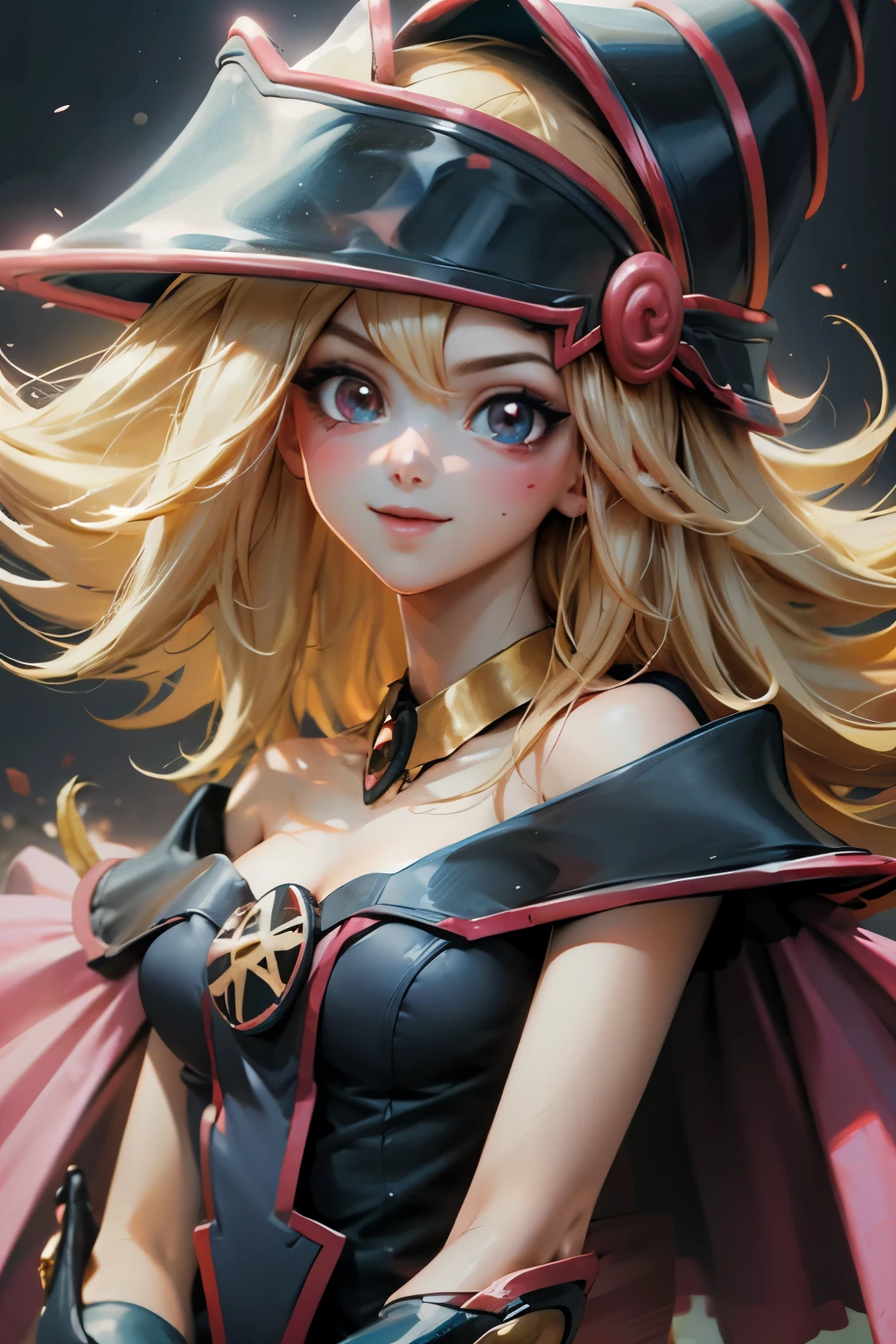 Crea el hermoso rostro de dark magician gils. Ojos azules. Labios rosados. Tes blanca. Cabello rubio. girl smile. Hombros destapados. Collar en el cuello. Rostro de dark magician gils