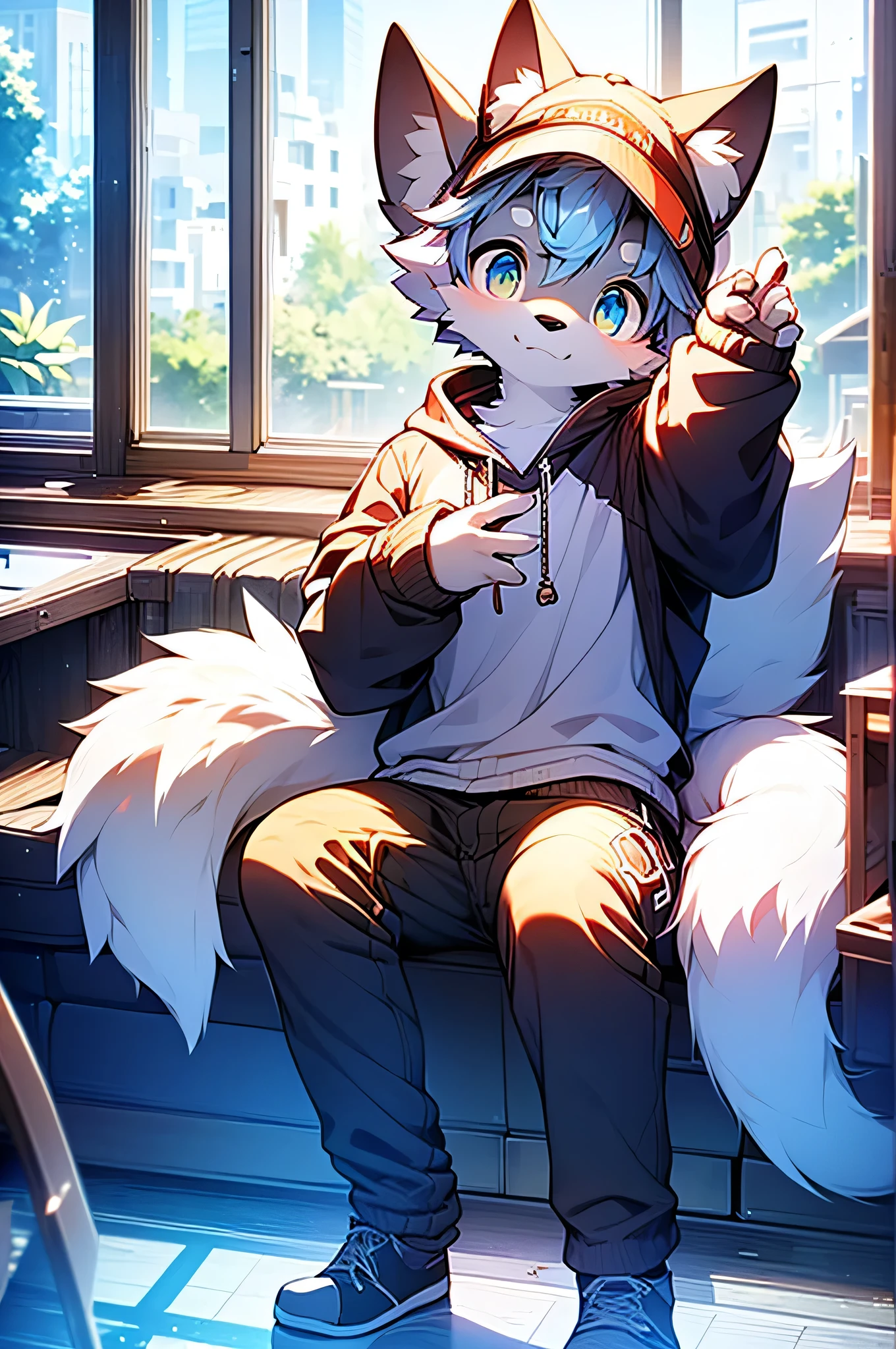 masterpiece, highest quality, Bright Eyes, Fine grain, Furry, Wolf, male, Loose-fitting clothing, Baseball cap, V sign, (Tilt your head:1.3), High chroma, colorful, Detailed Background, Perfect lighting, Shadow, Aquarium, window, Deep Blue theme, bubble