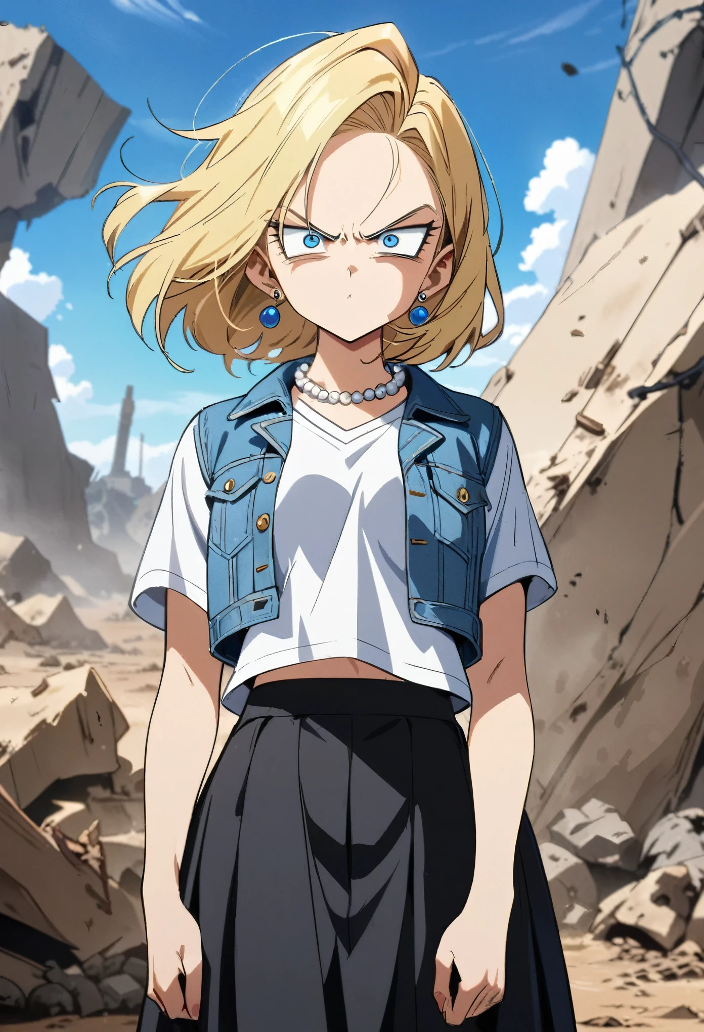 (Best quality, masterpieces, anime style,style of akira toriyama:1.1),1girl,solo,Mean Girl,blonde hair,short hair,centre parting bangs,blue eyes,slanted_eyes,Unfriendly eyes,Fierce expression,earrings,pearl necklace,White short-sleeved V-neck T-shirt with a blue denim crop jacket，Black JK Skirt, Over-the-Knee Socks,Wind, outdoors, wild wasteland,Blue sky,