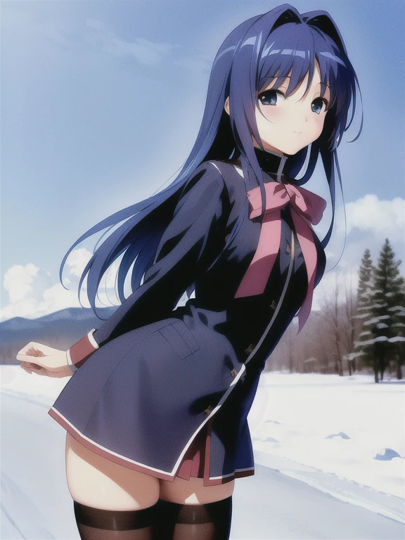 ((masterpiece)), ((best quality)), ((highres)), ((extremely detailed CG unity 8k wallpaper)), solo, medium breasts, minase nayuki, (kanon uniform), blue hair, black stockings, outdoors, snow, smile