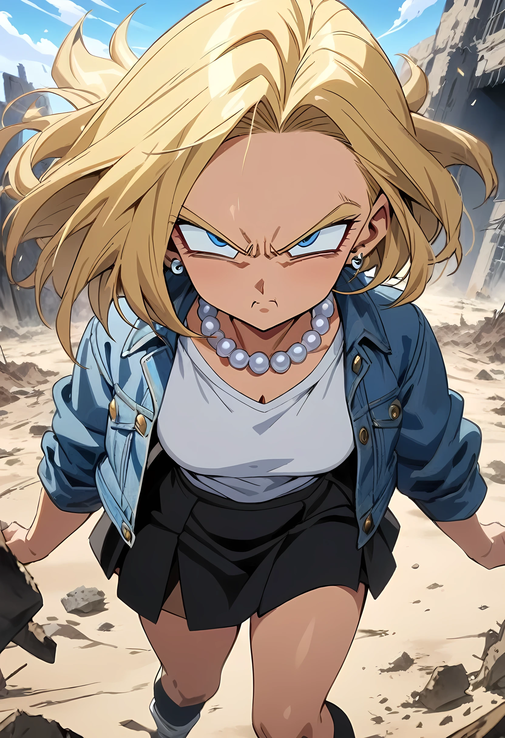 (Best quality, masterpieces,anime style,style of akira toriyama:1.1),1girl,solo,Mean Girl,blonde hair,short hair,centre parting bangs,blue eyes,sharp_eyes,slanted_eyes,Unfriendly eyes,Fierce expression,earrings,pearl necklace,White short-sleeved V-neck T-shirt with a blue denim crop jacket，Black JK Skirt, Over-the-Knee Socks,Wind, outdoors, wild wasteland,Blue sky, 