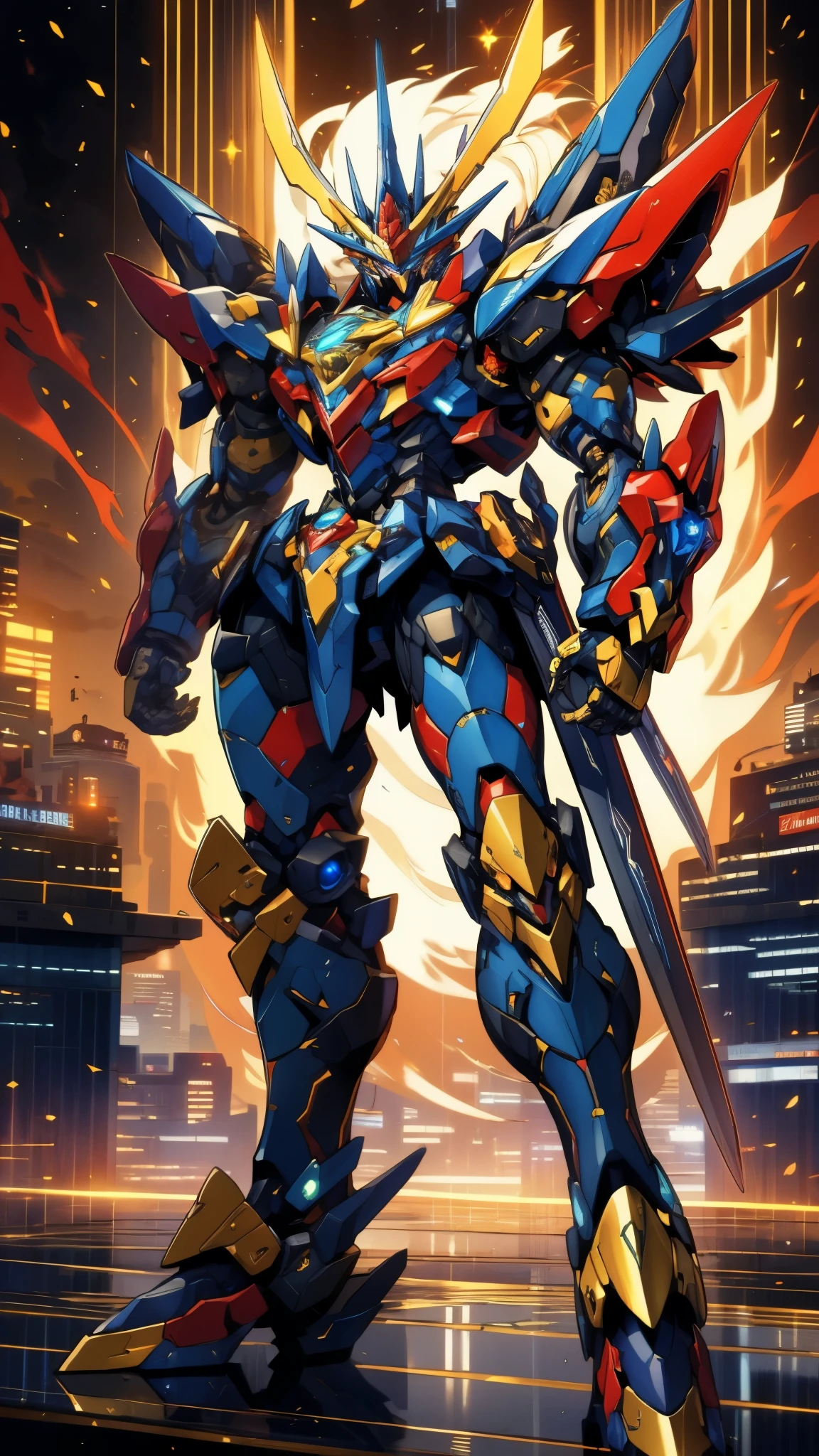 Humanoid Mecha, fully enclosed shoulder guards, matching arm and leg guards, full body, full armor, super robot, the design balances heavy with agility, (the color scheme is primarily white with red and blue accents, the concept Inspired by super robot, Lion concept chest armor, pose, standing, floating high above the futuristic sci-fi city), exquisite and mature art style, (aura effect, energy, glowing eyes, the armor glows), ((SRS)), metallic, dramatic, high definition, best quality, highres, ultra-detailed, ultra-fine painting, extremely delicate, professional, perfect body proportions, anatomically correct, symmetrical face, extremely detailed eyes and face, high quality eyes, creativity, RAW photo, UHD, 32k, Natural light, cinematic lighting, masterpiece-anatomy-perfect, masterpiece:1.5