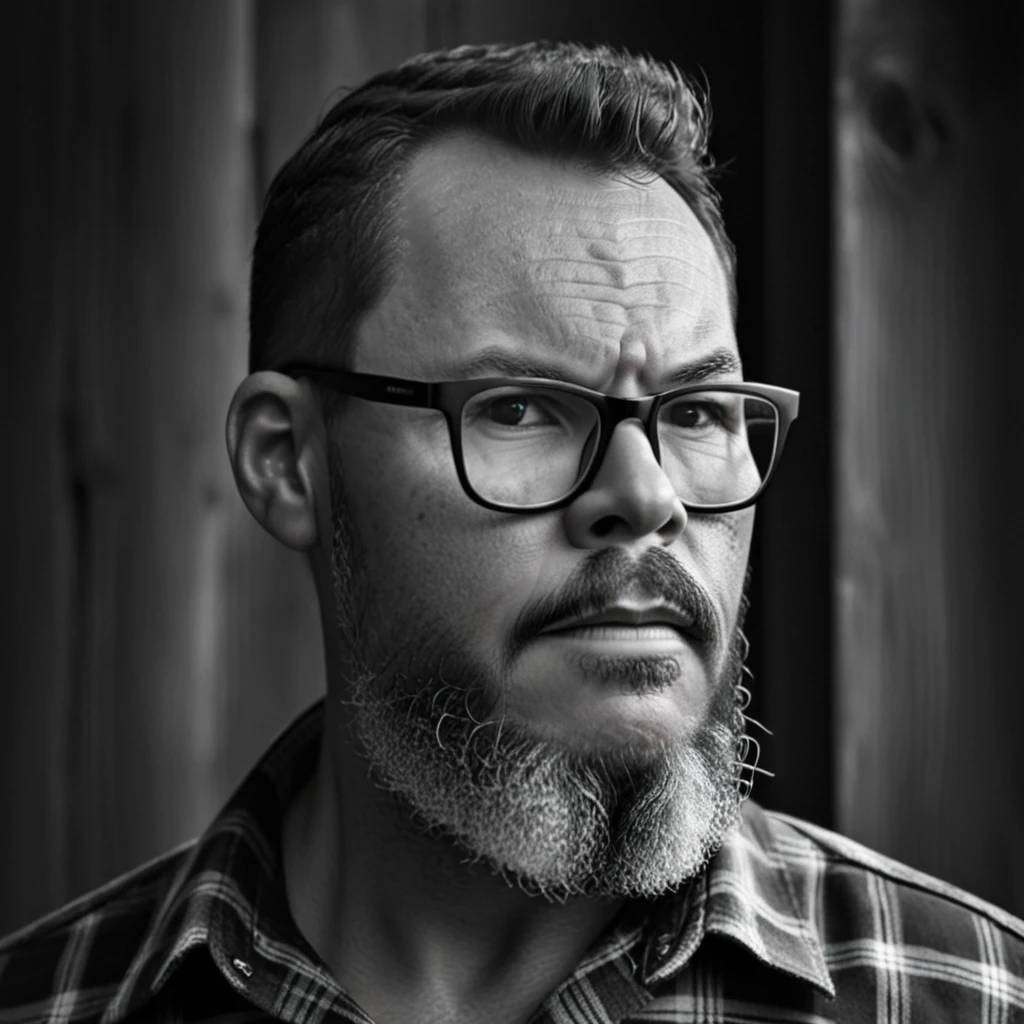 Create a striking black and white portrait of a rugged lumberjack wearing glasses, emphasizing the contrasts between light and shadow. His intense gaze pierces through the monochrome frame, drawing the viewer's attention to the intricate details of his beard and the sharp lines of his military-style haircut. The chiaroscuro lighting adds depth and drama to the composition, accentuating the texture of the rustic wooden wall behind him. This timeless photograph evokes a sense of strength and resilience, capturing the essence of the modern-day woodsman in a grayscale masterpiece.
gutto2024sdxl
