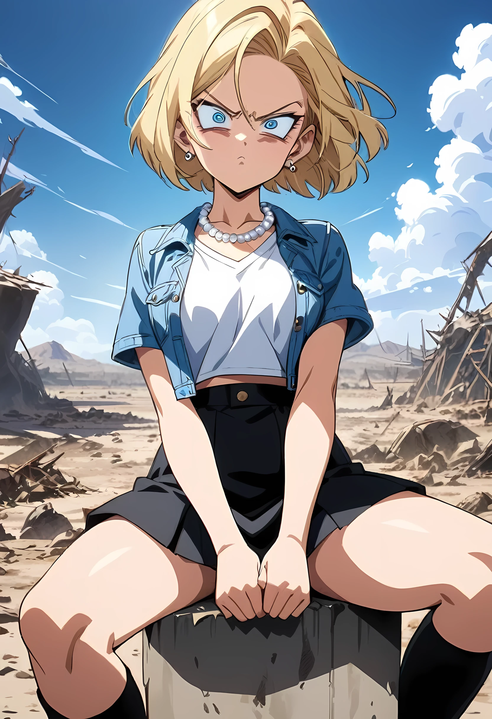 (Best quality, masterpieces,anime style,style of akira toriyama:1.1),1girl,solo,Mean Girl,blonde hair,short hair,centre parting bangs,blue eyes,sharp_eyes,slanted_eyes,Unfriendly eyes,Fierce expression,earrings,pearl necklace,White short-sleeved V-neck T-shirt with a blue denim crop jacket，Black JK Skirt, Over-the-Knee Socks,Wind, outdoors, wild wasteland,Blue sky, 