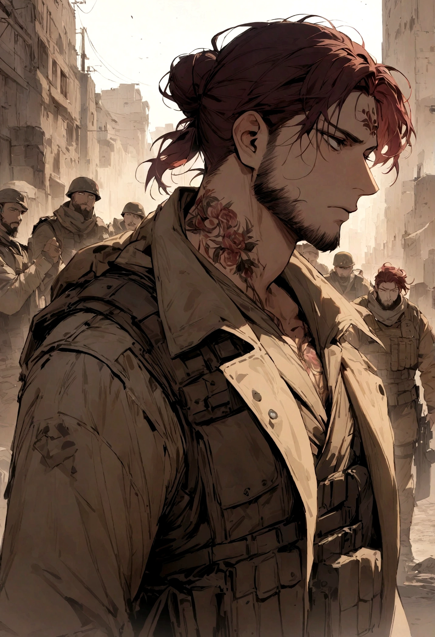 (masterpiece), best quality, expressive eyes, perfect face, Male, maroon messy hair-bun, black eyes, neck roses tattoo. brown fur lined overcoat, tactical vest, handsome, waist up view, upper body view, dark brown dustercoat, soldier, post apocalyptic, maroon hair, narrow eyes, beardless, handsome, nonchalant, saber Artoria hairstyle