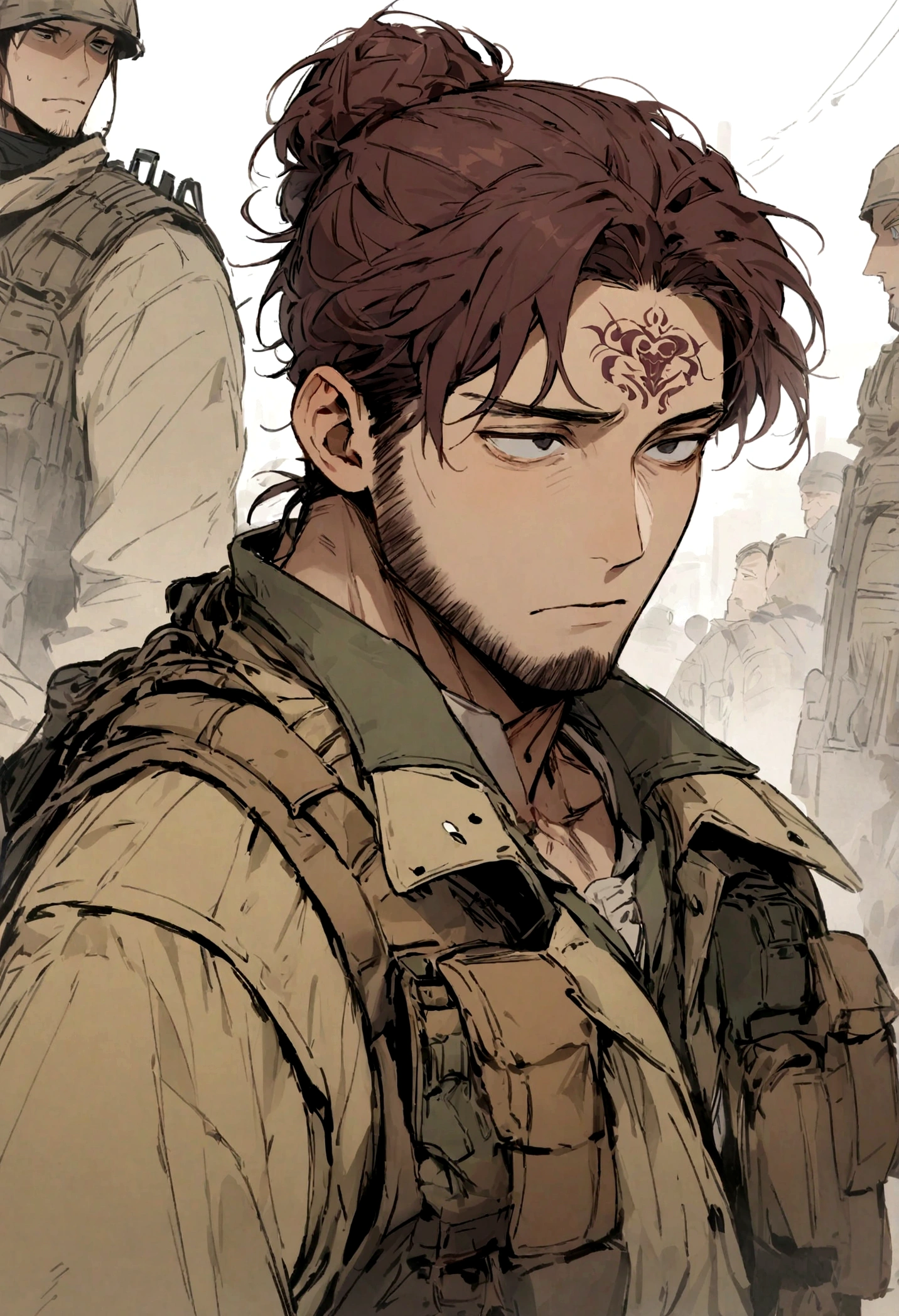 (masterpiece), best quality, expressive eyes, perfect face, Male, maroon messy hair-bun, black eyes, neck roses tattoo. brown fur lined overcoat, tactical vest, handsome, waist up view, upper body view, dark brown dustercoat, soldier, post apocalyptic, maroon hair, narrow eyes, beardless, handsome, nonchalant, saber Artoria hairstyle