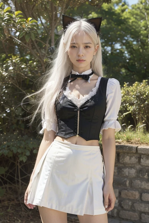 Girls, White hair, Long hair, beautiful eyes, Small Breasts, cat hair accessories, Side lock, White hair, shiny hair, , (Smart eyes: 1.2), (There are two long triangle extensions on the skirt, Abdominal vest), White buttons for vest corset, (Wear a short-sleeved striped shirt under the vest), (The sleeves end close to the arms), (There is a black collar around the neck), ( Magenta skirt),Slender long legs，Show your thighs