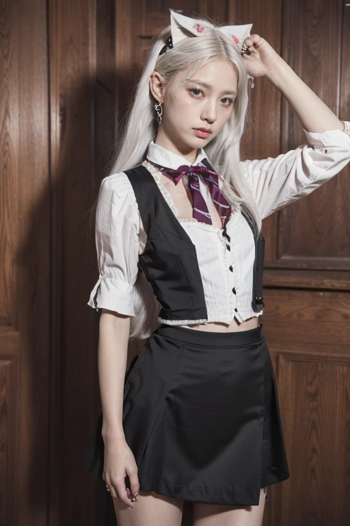 Girls, White hair, Long hair, beautiful eyes, Small Breasts, cat hair accessories, Side lock, White hair, shiny hair, , (Smart eyes: 1.2), (There are two long triangle extensions on the skirt, Abdominal vest), White buttons for vest corset, (Wear a short-sleeved striped shirt under the vest), (The sleeves end close to the arms), (There is a black collar around the neck), ( Magenta skirt),Slender long legs,Show your thighs