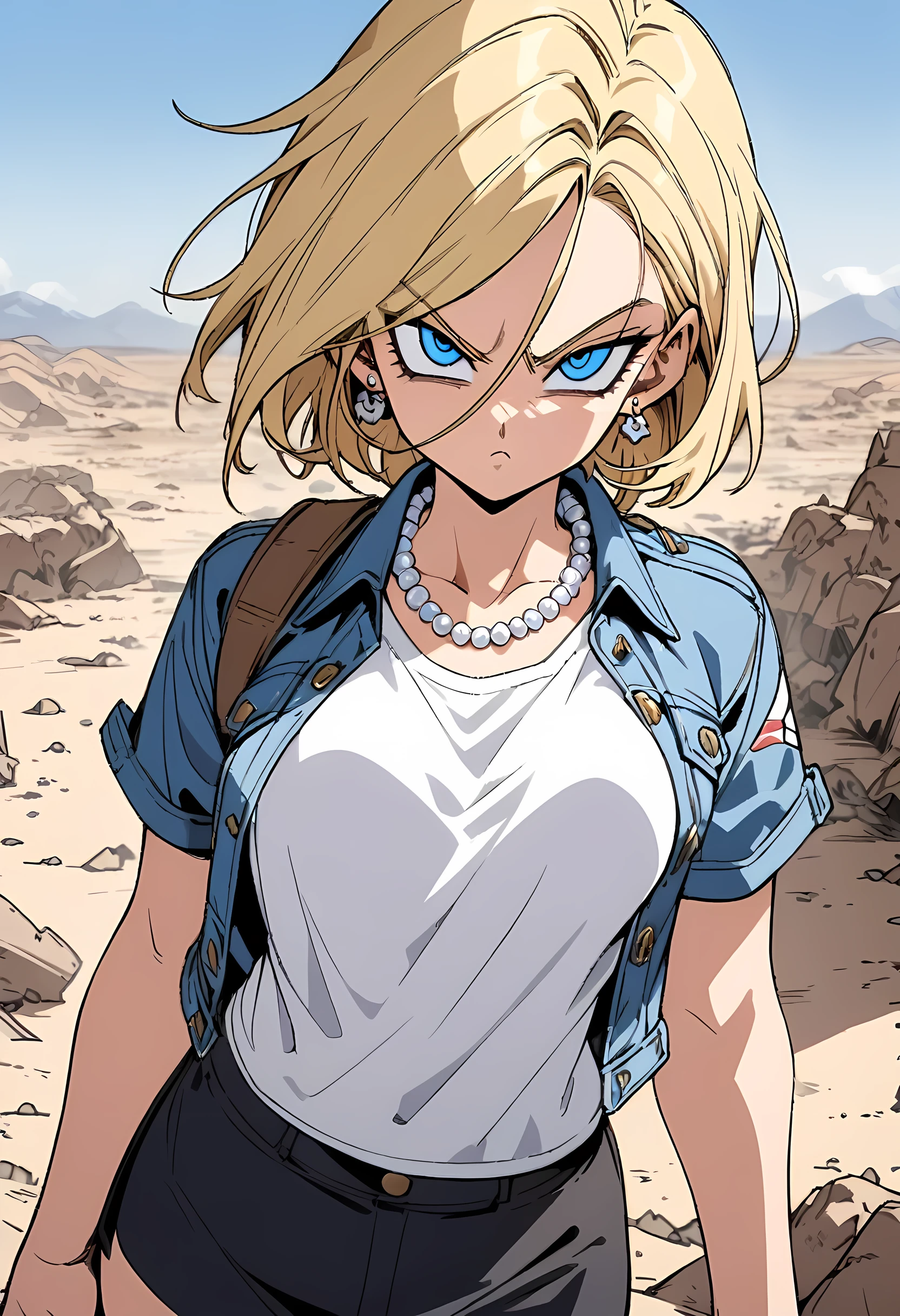 (Best quality, masterpieces, line drawings, line art,style of akira toriyama:1.1),1girl,solo,Mean Girl,blonde hair,short hair,centre parting bangs,blue eyes,sharp_eyes,Unfriendly eyes,Fierce expression,earrings,pearl necklace,White short-sleeved V-neck T-shirt with a blue denim crop jacket，Black JK Skirt, Over-the-Knee Socks,Wind, outdoors, wild wasteland,Blue sky, 