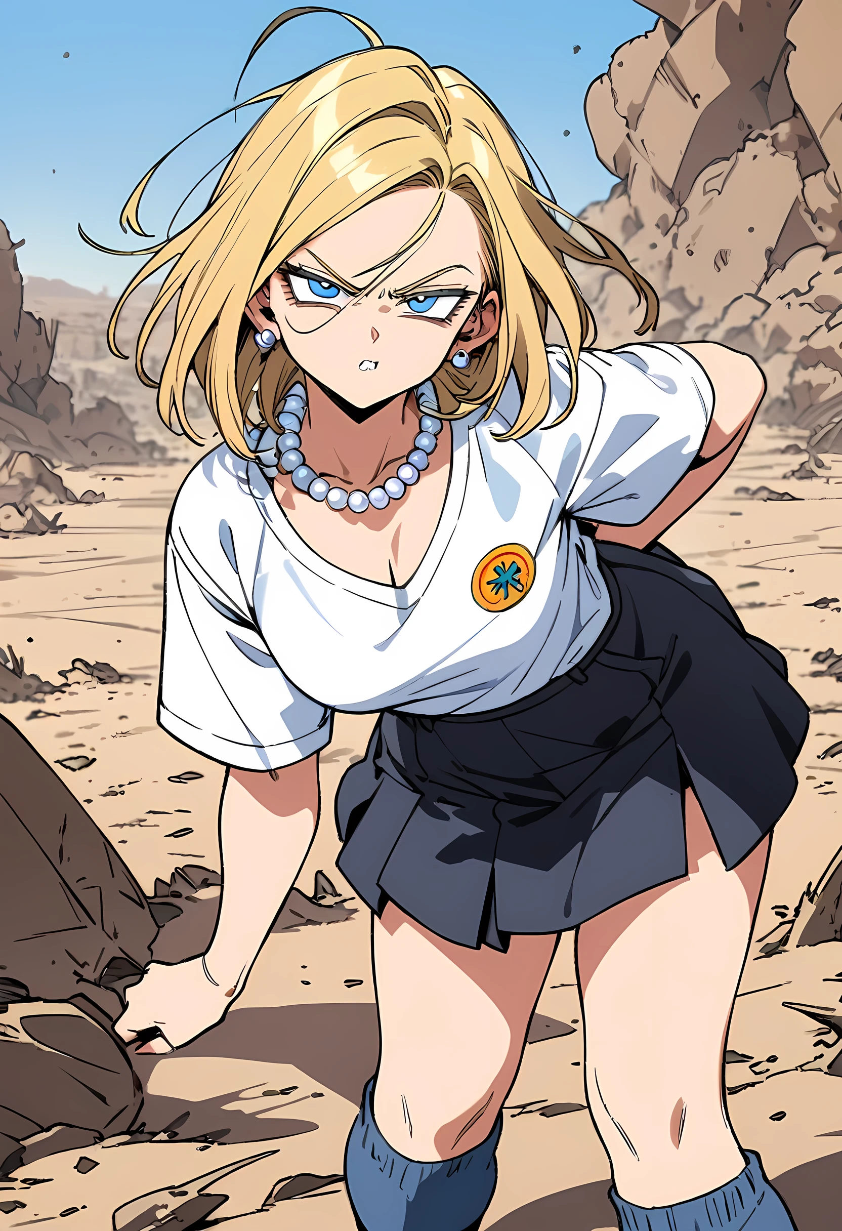 (Best quality, masterpieces, line drawings, line art,style of akira toriyama:1.1),1girl,solo,Mean Girl,blonde hair,short hair,centre parting bangs,blue eyes,Unfriendly eyes,Fierce expression,earrings,pearl necklace,White short-sleeved V-neck T-shirt with a blue denim crop jacket，Black JK Skirt, Over-the-Knee Socks,Wind, outdoors, wild wasteland,Blue sky, 