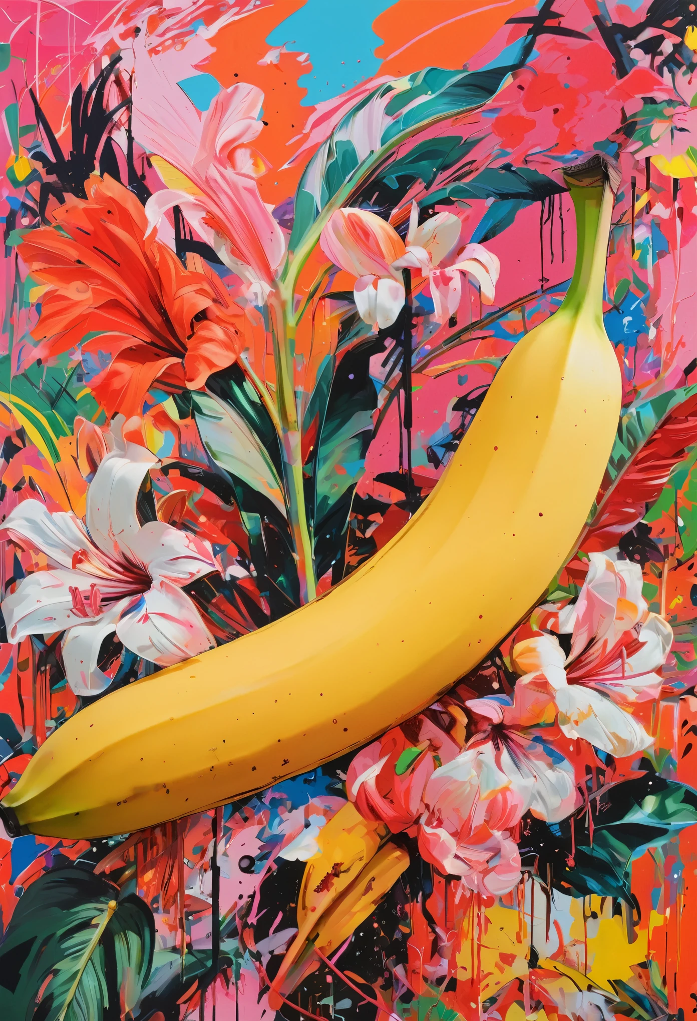Graffiti, scribble, Comics by Petra Cortright, best quality, masterpiece, big banana artwork, Representative work, official art, Professional, Ultra intricate detailed, 8k, big banana art, colourful background 