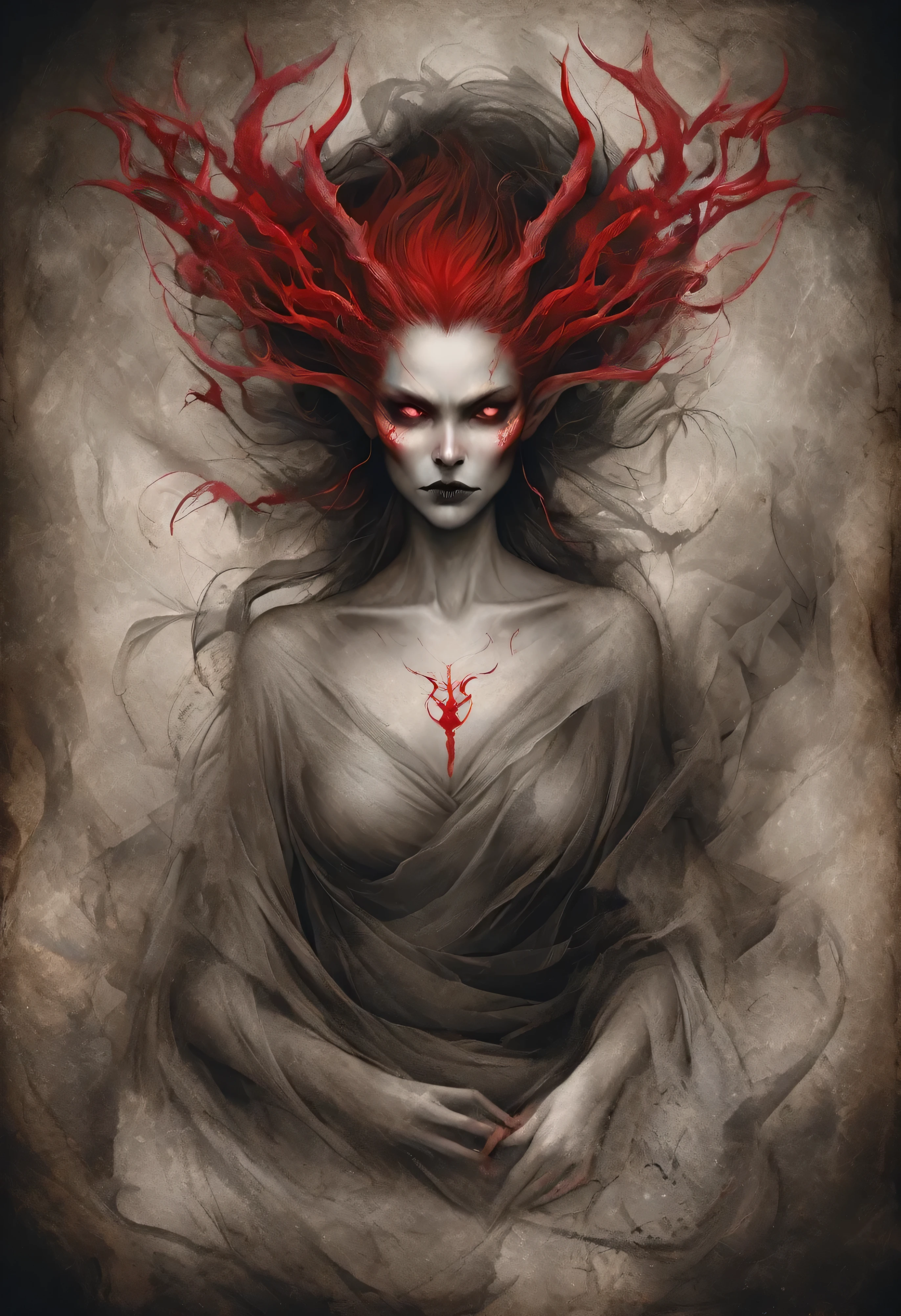 beautiful, masterpiece, best quality, in the style of nicola samori, an elegant demon woman, hauntingly abstract, shifting textures, grayscale, photorealism,  high resolution, RageStyle, drawn on parchment with black and red charcoals