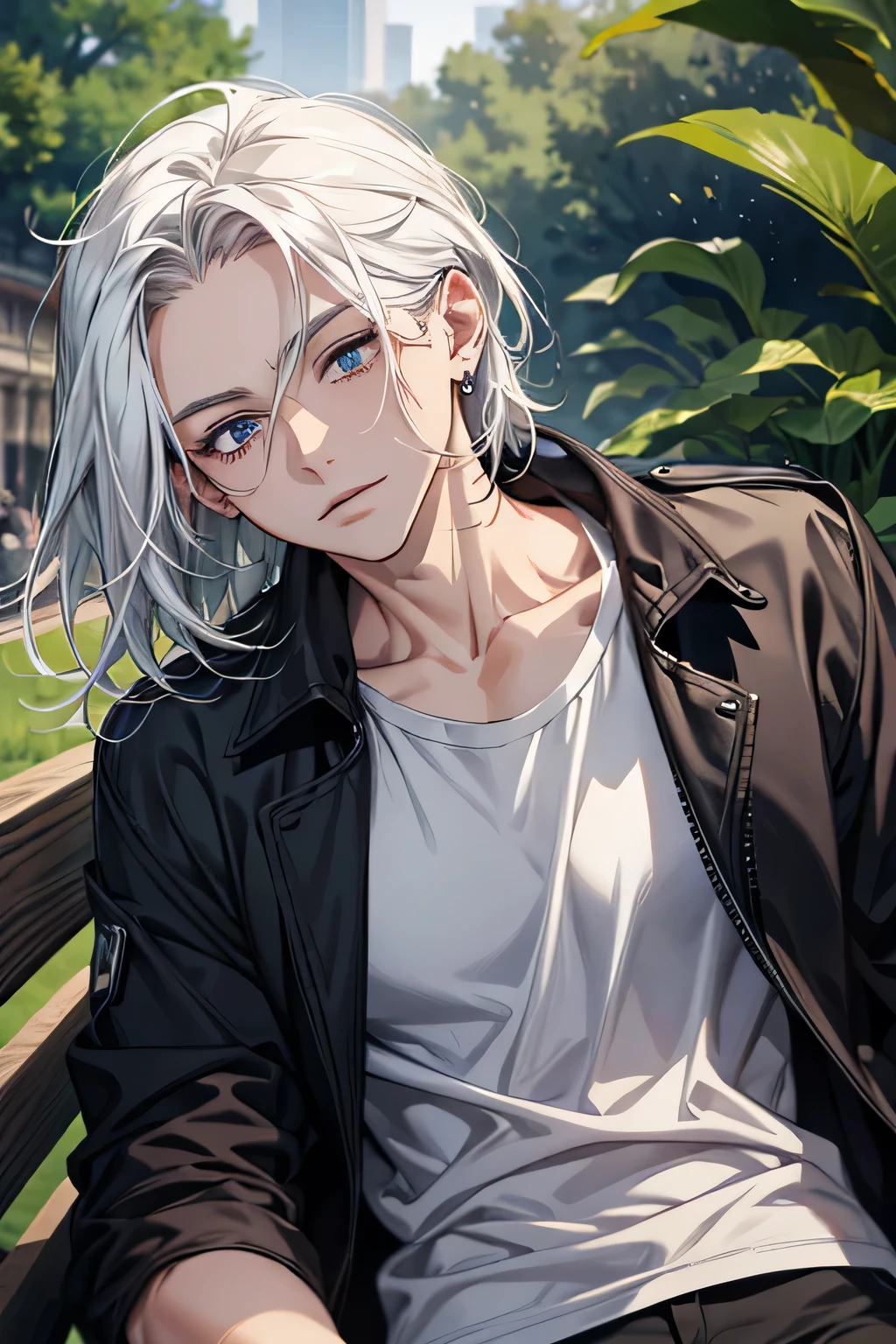 (absurdity, a high resolution, ultra detailed, HDR), masterpiece, Best quality, 1 boy, One, Beautiful, White hair, subtle eye and detailed face, forehead, ((loose white t-shirt)), ((black jacket)), look at the viewer, ear piercing, sitting on a bench, park in the background