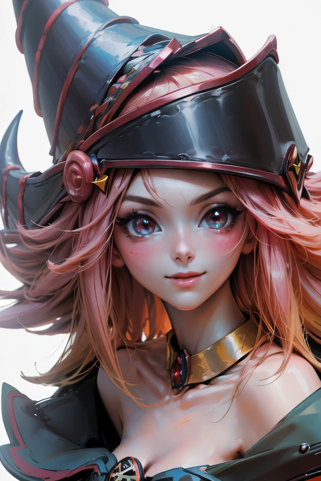 Crea el hermoso rostro de dark magician gils. Ojos azules. Labios rosados. Tes blanca. Cabello rubio. girl smile. Hombros destapados. Collar en el cuello. Rostro de dark magician gils 