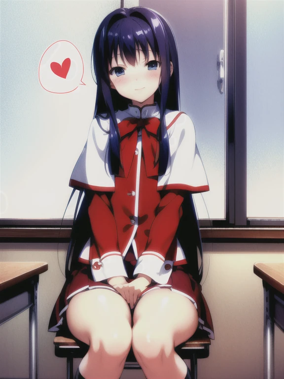 from front, (from below:1.3), crotch focus, (close-up), ****, minase nayuki, baby face, curvy, (red kanon uniform:1.2), white capelet, (skirt lift), light blue hair, black stockings, (sit on the chair, spread legs), legs up, (looking at viewer), (embarrassed:1.3), smile, (spoken heart:1.3), skindantation, indoor, (class room), blackboard, window, (snowy landscape:1.2), (masterpiece, highest quality, High resolution:1.3)